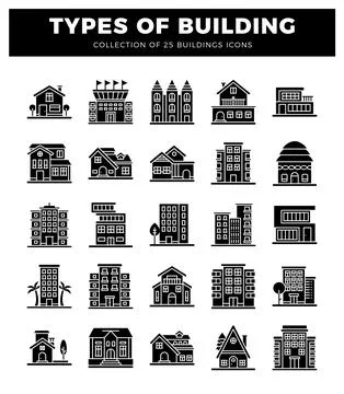 Building icons presented on white background. Ilustración de archivo
