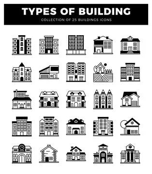 Building icons presented on a white background. Stock Illustration