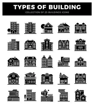 Building icons presented on a white background with a black banner at the top Ilustración de archivo