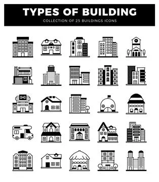 Building icons presented on a white background. Ilustración de archivo