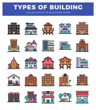 Building icons presented on a white background. Ilustración de archivo
