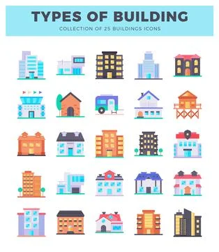 Building icons representing diverse architectural styles. Flat design vecto.. Stock Illustration