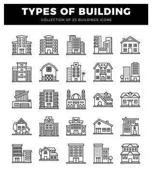 Building icons representing various architectural styles.  Diverse structur.. Ilustración de archivo
