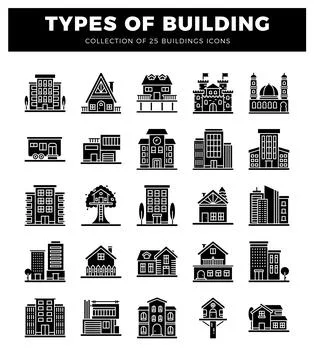 Building icons. representing various architectural styles and structures on.. Stock Illustration