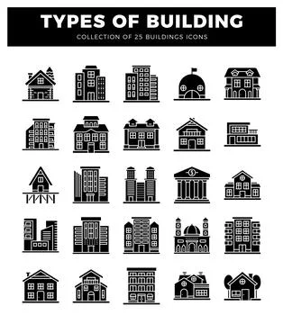 Building icons representing various architectural styles and building types.. Ilustración de archivo