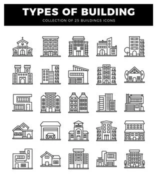 Building icons representing various architectural styles.  Icons are presen.. Stock Illustration