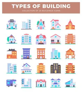 Building icons representing various architectural styles and functions on a.. Ilustração Stock