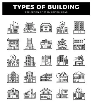 Building icons. representing various architectural styles from modern to tr.. Ilustración de archivo
