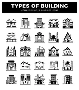 Building icons representing various architecture. residential and commercia.. Ilustración de archivo
