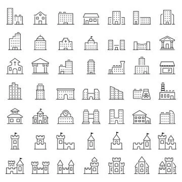 Building icons set in thin line style. Vector symbols. Stock Illustration