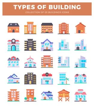 Building icons set on a white background. featuring various architectural s.. Ilustración de archivo