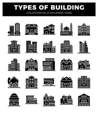 Building icons showcasing diverse architectural styles. Ilustración de archivo
