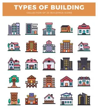 Building icons showcasing diverse architectural styles and functions on a w.. Ilustración de archivo