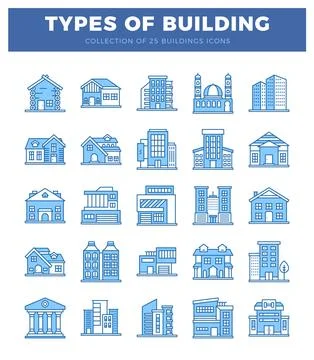 Building icons showcasing diverse architectural styles against a white back.. Stock Illustration