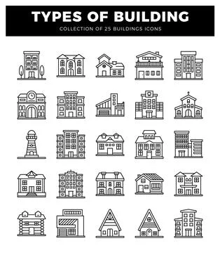 Building icons showcasing diverse architecture in a clean. linear graphic s.. Ilustración de archivo