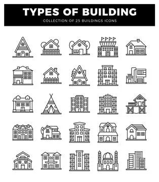 Building icons showcasing various architectural styles on a white background. Ilustración de archivo