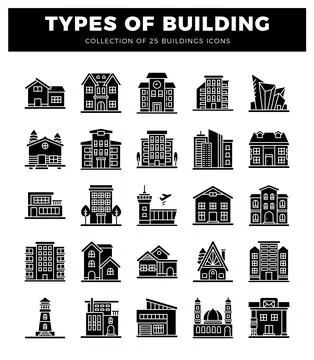 A building icons showcasing various architectural styles and building types.. Ilustración de archivo