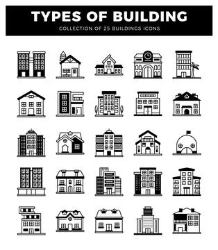 Building icons showcasing various architectural styles and house types. Ilustración de archivo