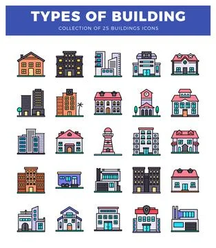 Building icons showcasing various architectural styles and functions. Ilustración de archivo