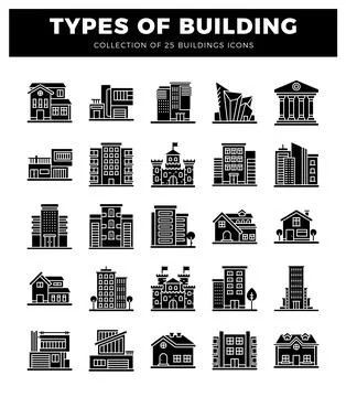 Building icons showcasing various architectural styles in a flat. black and.. Ilustración de archivo