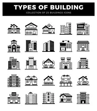 Building icons showcasing various architectural styles in a clean. graphic .. Stock Illustration