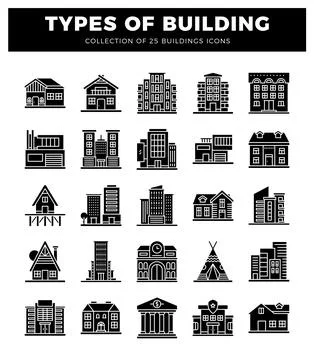 Building icons showcasing various architectural styles and types. isolated .. Stock Illustration