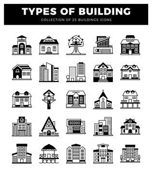 Building icons showing different architectural styles with a white background Ilustración de archivo