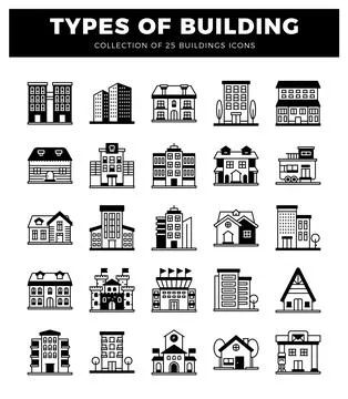 Building icons showing different architectural styles. Ilustración de archivo