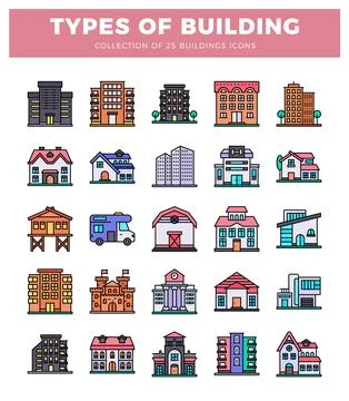 Building icons showing various architectural styles with colorful outlines... Stock Illustration