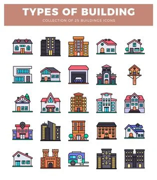 Building icons showing various architectural styles. Vector illustration of.. Ilustración de archivo