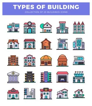 Building icons showing various architectural styles on a white background. Ilustración de archivo
