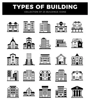 Building icons. showing various architectural styles on a white background Ilustración de archivo