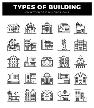 Building icons shown in a grid format. Ilustración de archivo