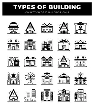Building icons shown in a grid format on a white background. Ilustración de archivo