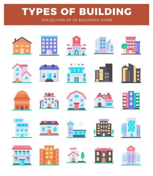 Building icons shown in a grid layout. featuring houses. apartments. and co.. イラスト素材