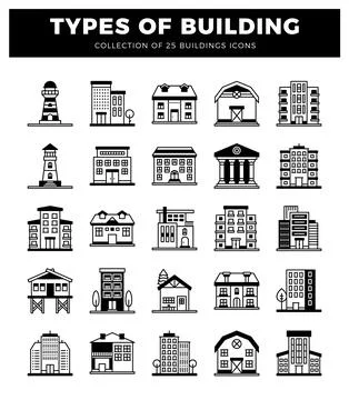Building icons shown on a white background. Ilustración de archivo
