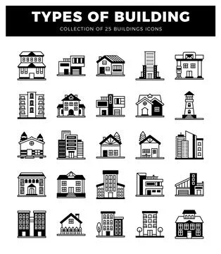 Building icons shown on white background. abstract line art. Various housin.. Ilustración de archivo