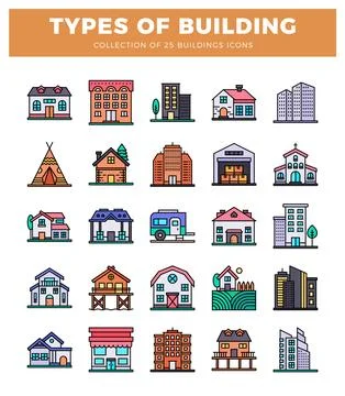 Building icons shown on a white background Ilustración de archivo