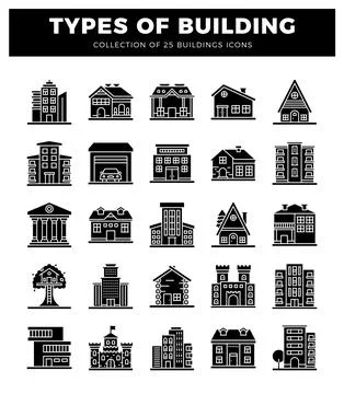 Building icons shown on a white background. Ilustración de archivo