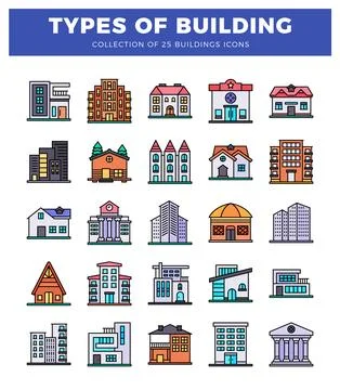 Building icons shown on a white background with title and subtitle. Ilustración de archivo