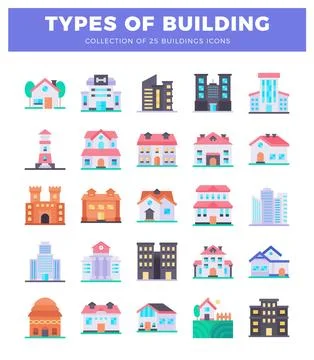 Building icons shown on white background. featuring residential and commerc.. Stock Illustration