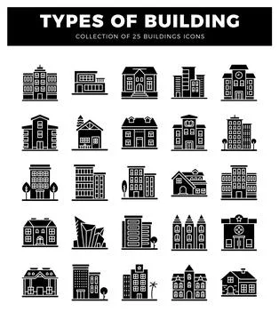 Building icons shown on a white background. Stock Illustration