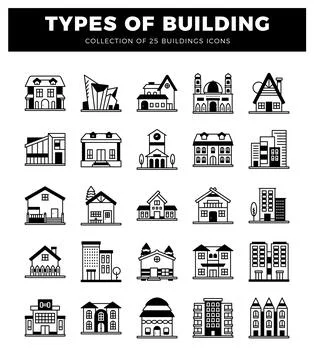 Building icons shown on a white background with a black title bar Ilustración de archivo