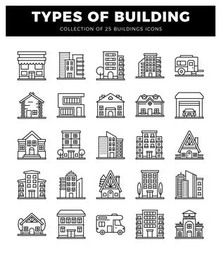Building icons. Simple line art in a grid format on a white background. Ilustración de archivo