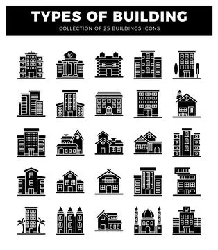 Building icons in a simple. modern flat design style.  Set of diverse build.. Ilustración de archivo