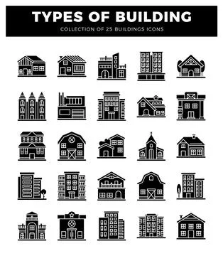 Building icons in solid black against a white background.  Architectural si.. Ilustración de archivo