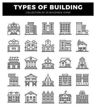 Building icons in thin line art style. displayed against a white background. Ilustración de archivo