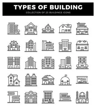 Building icons in thin line art style on a white background. Ilustración de archivo