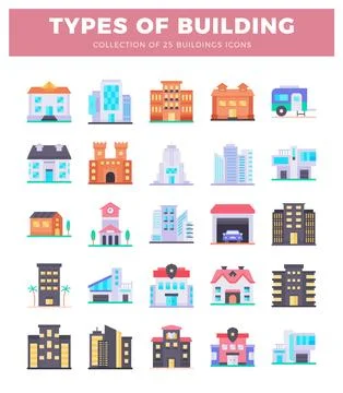 Building icons with varied architectural styles on a white background. Ilustración de archivo