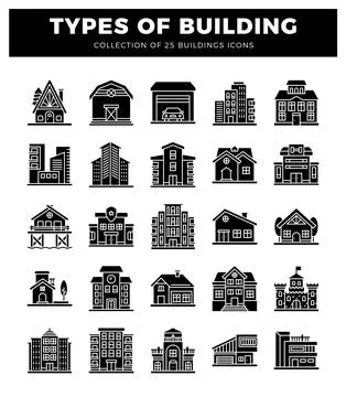 Building icons with various architectural styles. Ilustración de archivo